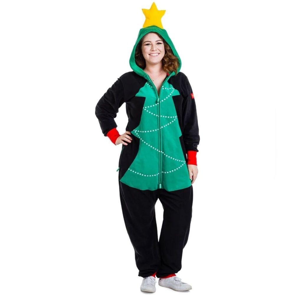 Tipsy Elves Large Women’s Christmas Tree Toss Game Jumpsuit Pockets & zipper EUC